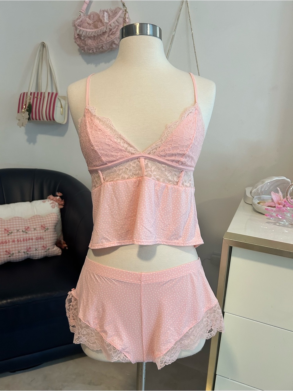 Marilyn Monroe Lace & Dot Pink Sleep Set Shorts & Top Coquette